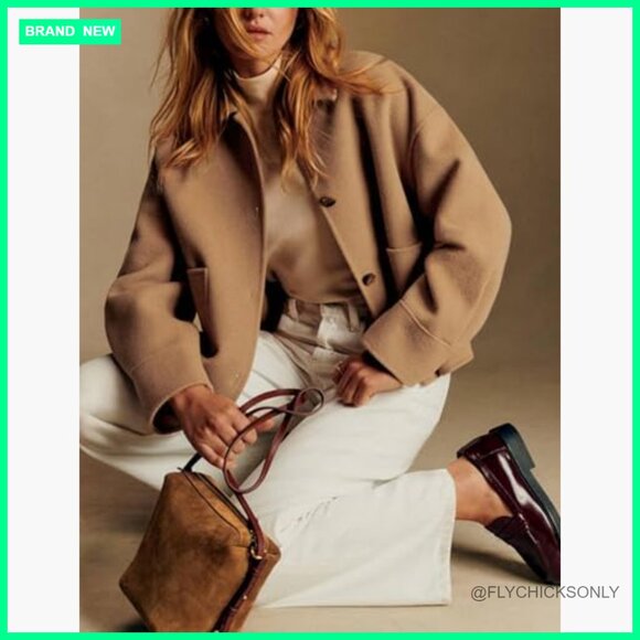 Cropped Pea Coat with Pockets, Boxy Fit Casual Jacket - Picture 3 of 7